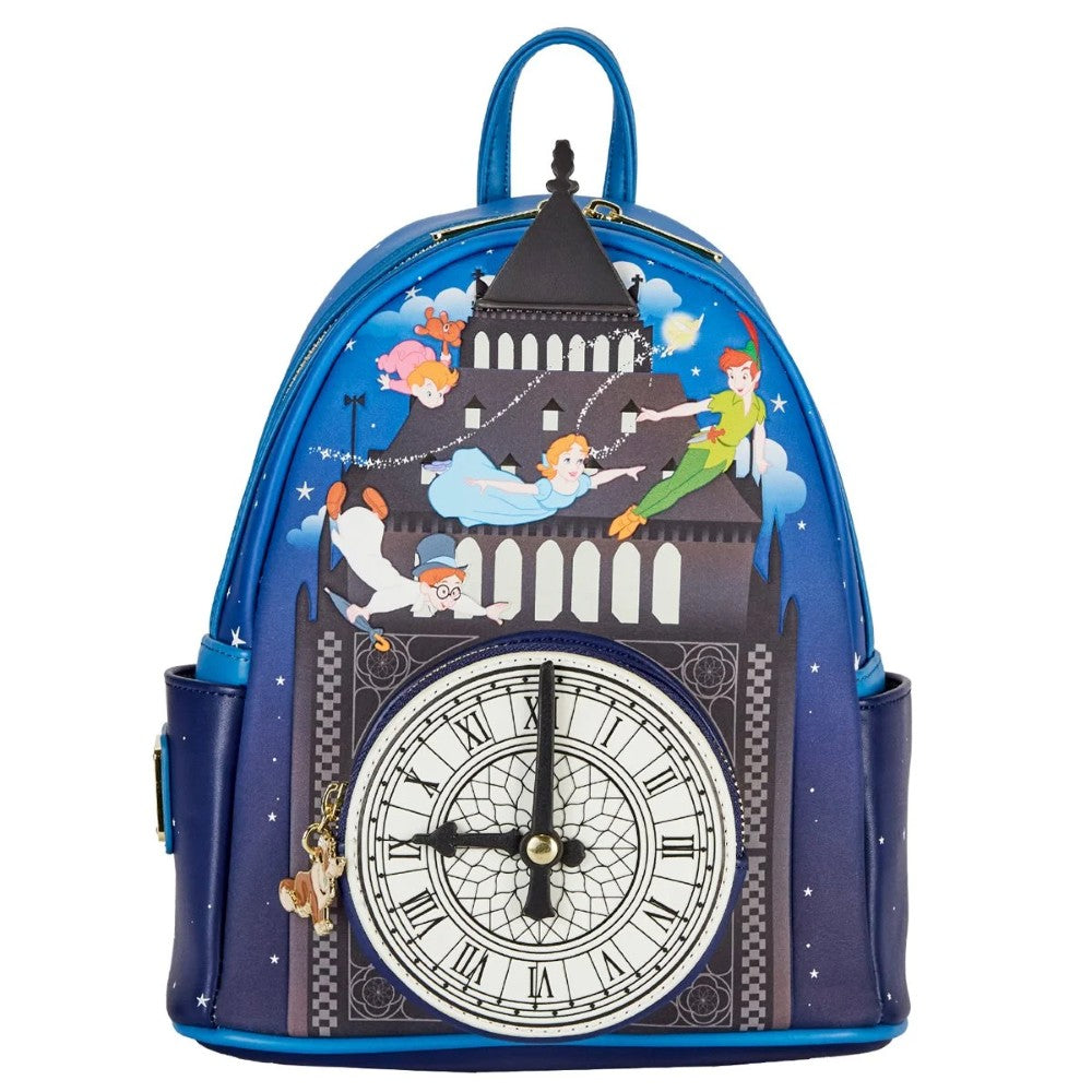 PETER PAN Loungefly Glow-in-the-Dark Tower Disney Mini-Backpack with flying characters and detailed clock charm by Loungefly