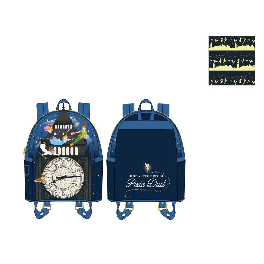 PETER PAN Loungefly Glow-in-the-Dark Tower Disney Mini-Backpack with flying characters, illuminated clock, and Pixie Dust quote by Loungefly