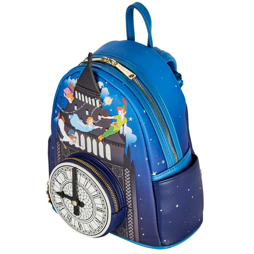 PETER PAN Loungefly Glow-in-the-Dark Tower Disney Mini-Backpack with detailed clock pocket and flying characters by Loungefly