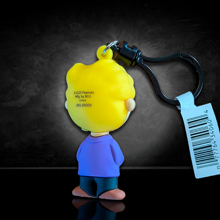 Monogram Schroeder figural bag clip from Peanuts Series 4 in purple jacket on black background