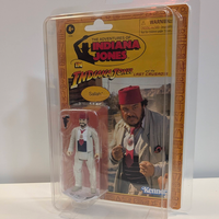 Hasbro Sallah action figure from Indiana Jones Last Crusade in white suit and red fez on vintage style card packaging