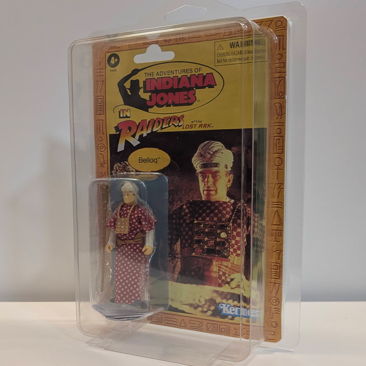 Hasbro Indiana Jones Rene Belloq figure in patterned robe and headwear from Raiders of the Lost Ark retro packaging