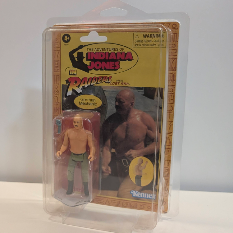 Hasbro German Mechanic figure from Indiana Jones Raiders of the Lost Ark retro-style blister card packaging