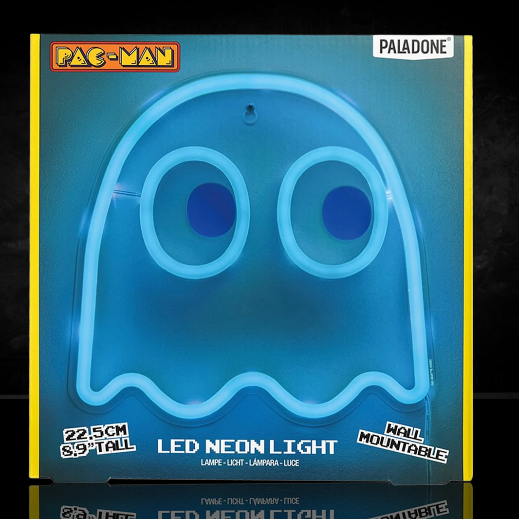 Pac-Man Ghost Wall Mountable LED Neon Light in blue, retro style by Go Figment, great collectible decor for fans