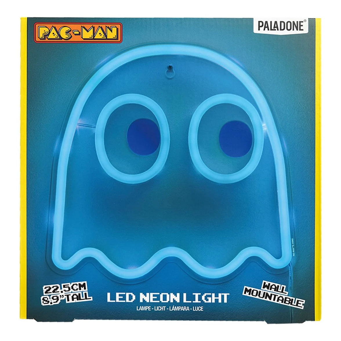 Pac-Man Ghost Wall Mountable LED Neon Light in blue glow packaged by Go Figment for nostalgic collectible display