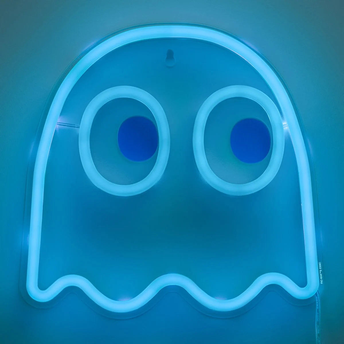 Pac-Man Ghost Wall Mountable LED Neon Light in blue glow by Go Figment, nostalgic collectible for retro gaming fans