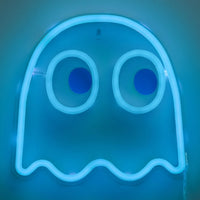 Pac-Man Ghost Wall Mountable LED Neon Light in blue glow by Go Figment, nostalgic collectible for retro gaming fans