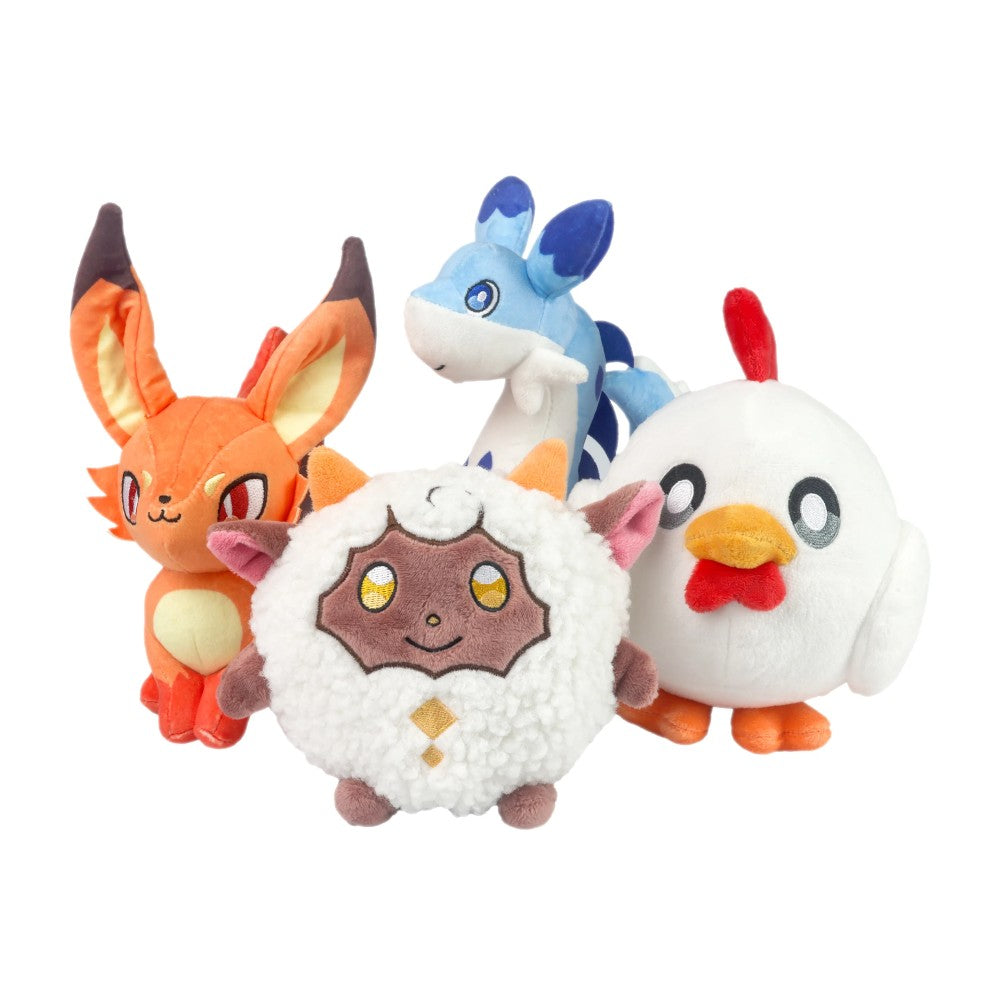 Four colorful plush characters including a fox, lamb, bird, and blue creature from Palworld Pals Chillet Lamball Foxparks Chikipi 7-8" Small Plush Series 1 U-Pick by The Loyal Subjects