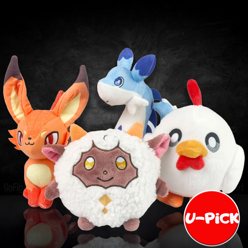 Four plush toys including a fox, sheep, chicken, and dragon from Palworld Pals Chillet Lamball Foxparks Chikipi 7-8" Small Plush Series 1 U-Pick