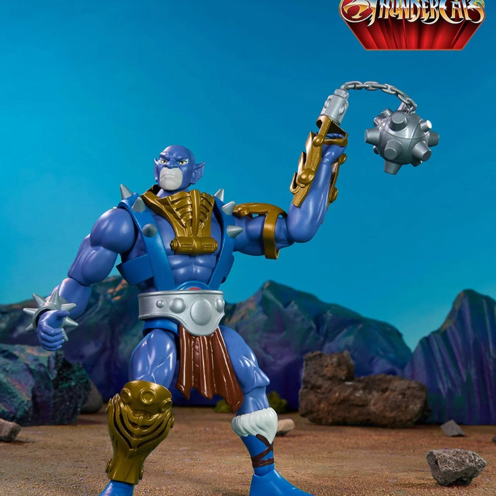 Mattel Panthro action figure in blue and gold armor wielding flail from Masters of the Universe ThunderCats cross-over series