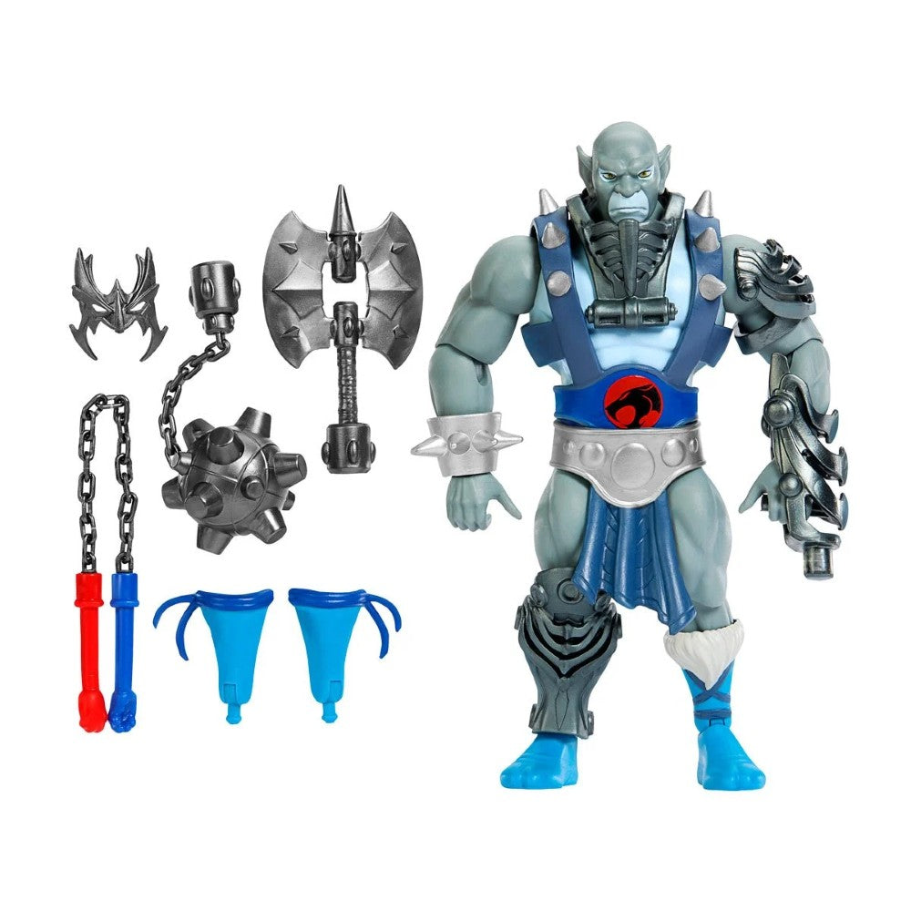 Mattel 6-inch Panthro action figure with blue and silver armor and multiple weapons from Masters of the Universe ThunderCats series