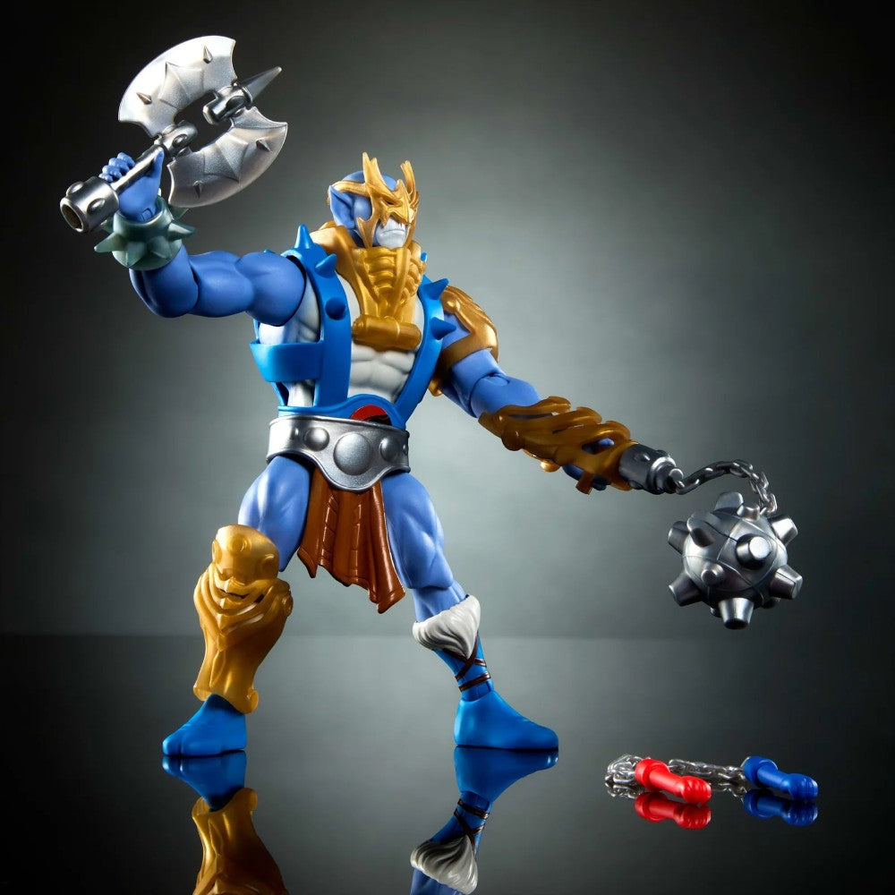 Mattel Panthro deluxe 6-inch figure in blue and gold armor holding axe and spiked flail from ThunderCats cross-over series