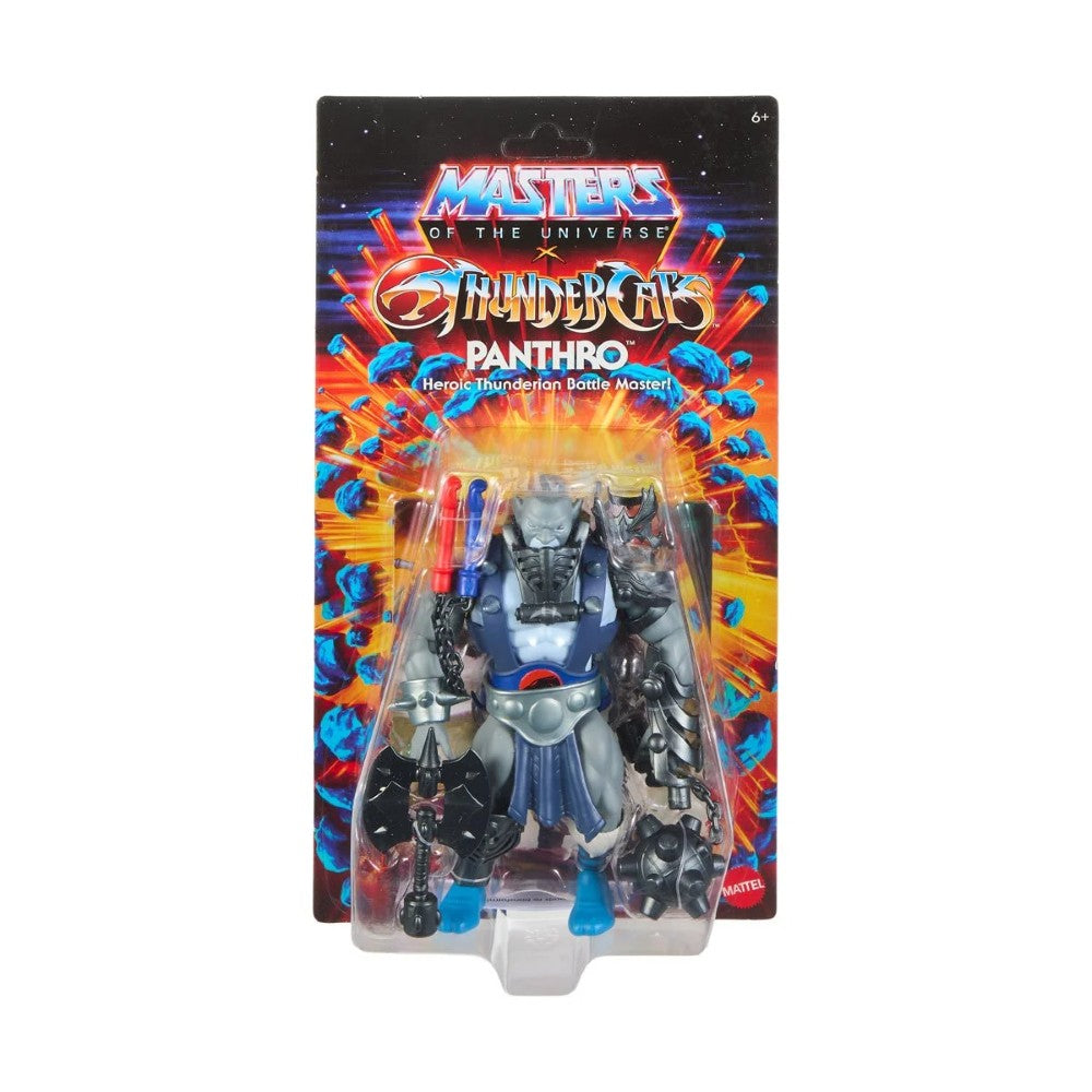Mattel Panthro action figure in silver and blue armor with weapons from Masters of the Universe and ThunderCats series