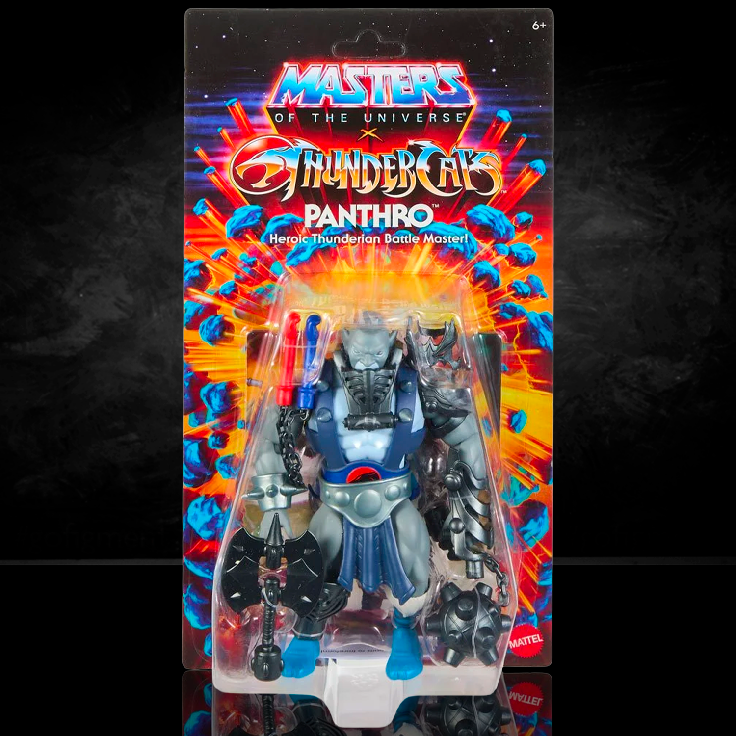 Mattel Panthro 6-inch action figure in blue armor with weapons from Masters of the Universe and ThunderCats series