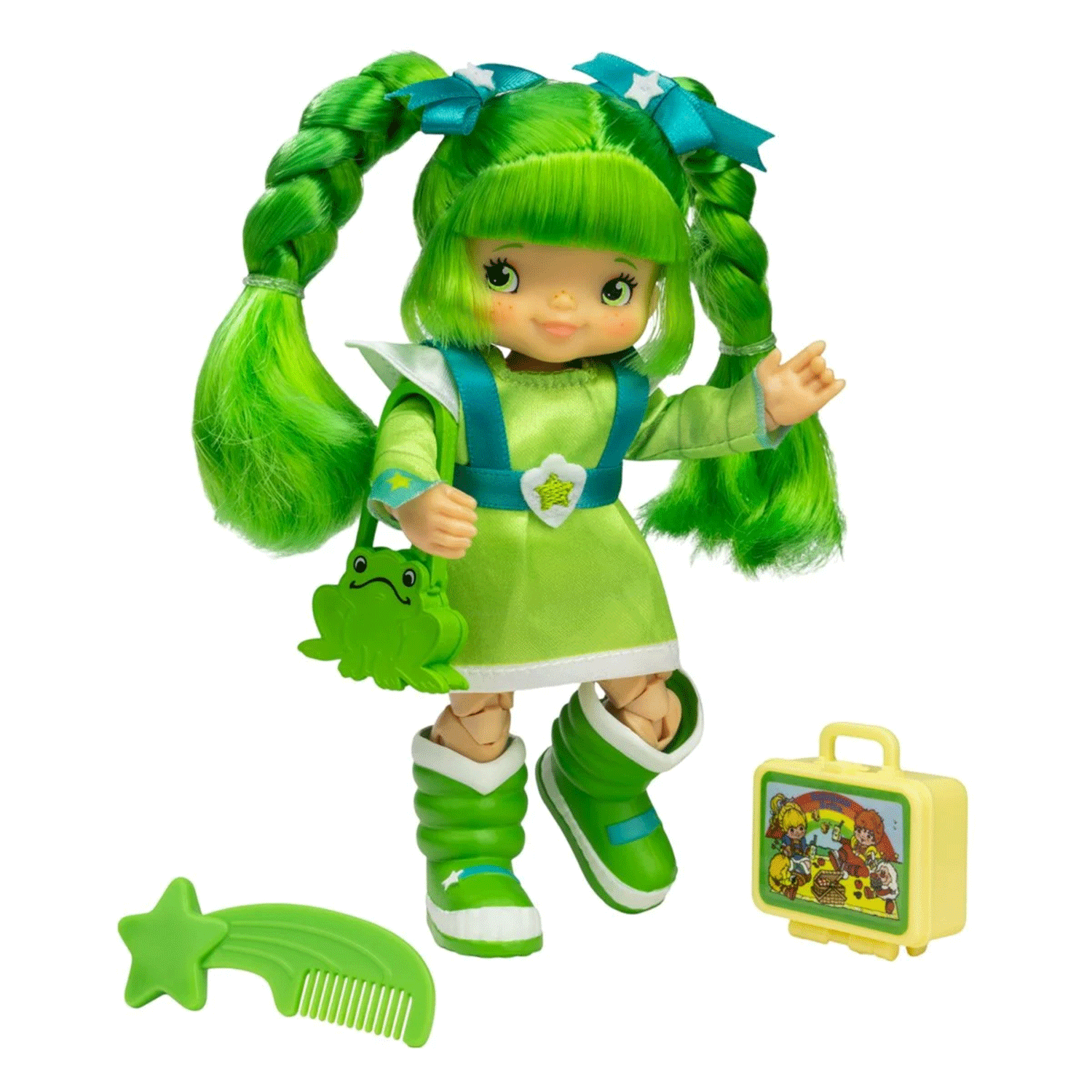 Loyal Subjects Patty O'Green Rainbow Brite 5.5-inch doll with green braided hairfrog pursestar comband yellow suitcase accessory