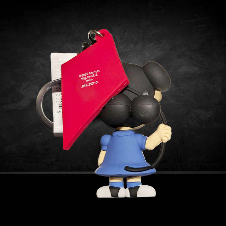 Monogram Peanuts 75th Anniversary Lucy van Pelt 3D foam bag clip holding red kite from behind