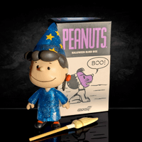 Peanuts Halloween ReAction Figure by Go Figment dressed as a wizard with box and broomstick on black background