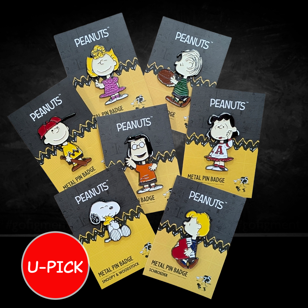 Peanuts Snoopy 75th Anniversary Pin Badge Collection U-Pick Snoopy and Charlie Brown by K-Wonderland displayed on cards