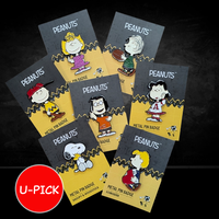 Peanuts Snoopy 75th Anniversary Pin Badge Collection U-Pick Snoopy and Charlie Brown by K-Wonderland displayed on cards