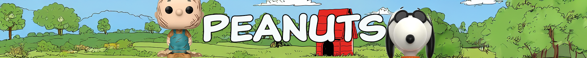 Chibi style character and Snoopy with a red doghouse and trees under a blue sky in a cartoon landscape