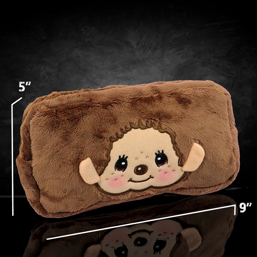 Official Sekiguchi Monchhichi Square Plush Pouch by K-Wonderland featuring a soft spacious character design, often searched as a Monchichi organizer.