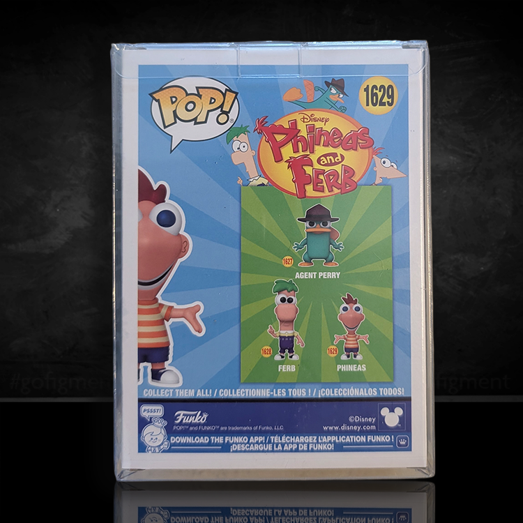 Back of Funko Pop! box showing Phineas and Ferb characters with official Disney and Funko branding