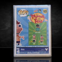 Back of Funko Pop! box showing Phineas and Ferb characters with official Disney and Funko branding