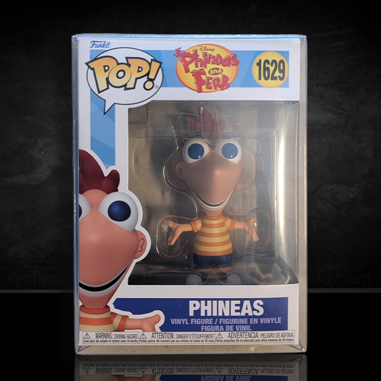 Phineas and Ferb Phineas Funko Pop vinyl figure #1629 in striped shirt displayed in windowed branded box