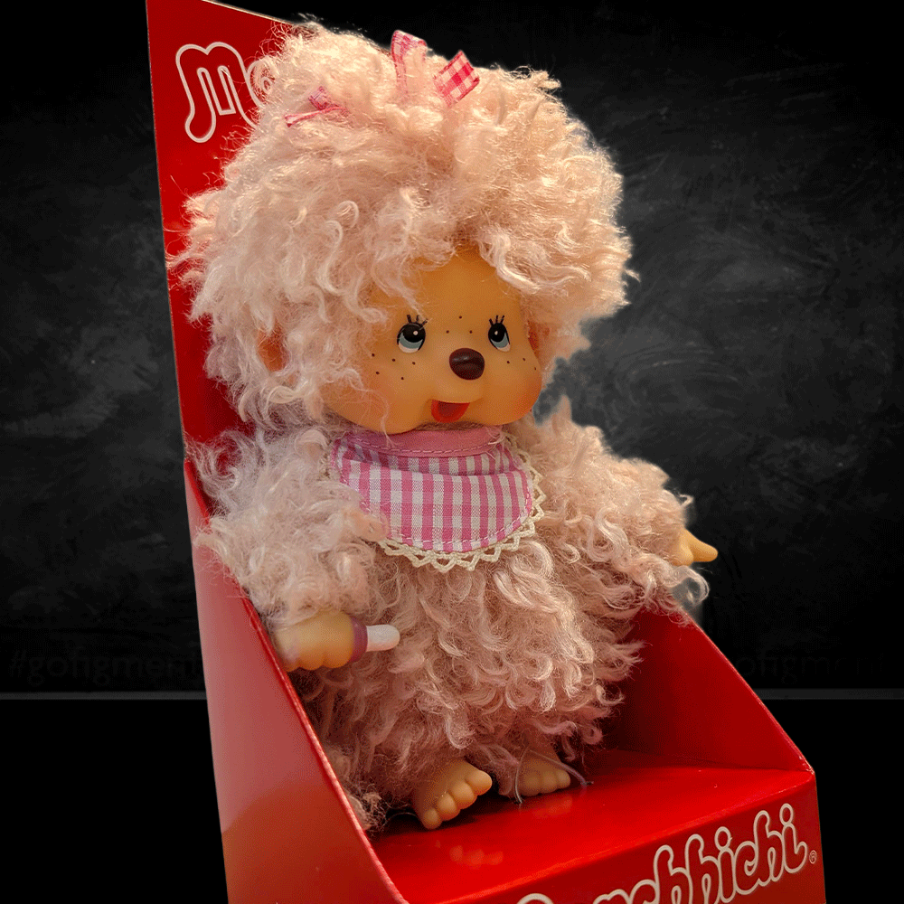 Sekiguchi Monchhichi Fluffy Pink Beige Plush Monkey doll with curly fur and pink striped bib in red display box