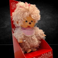 Sekiguchi Monchhichi Fluffy Pink Beige Plush Monkey doll with curly fur and pink striped bib in red display box
