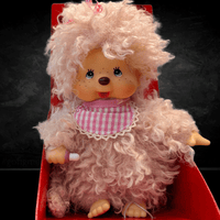 Sekiguchi Monchhichi 8-inch fluffy pink beige plush monkey doll with bib and thumb in mouth in red box