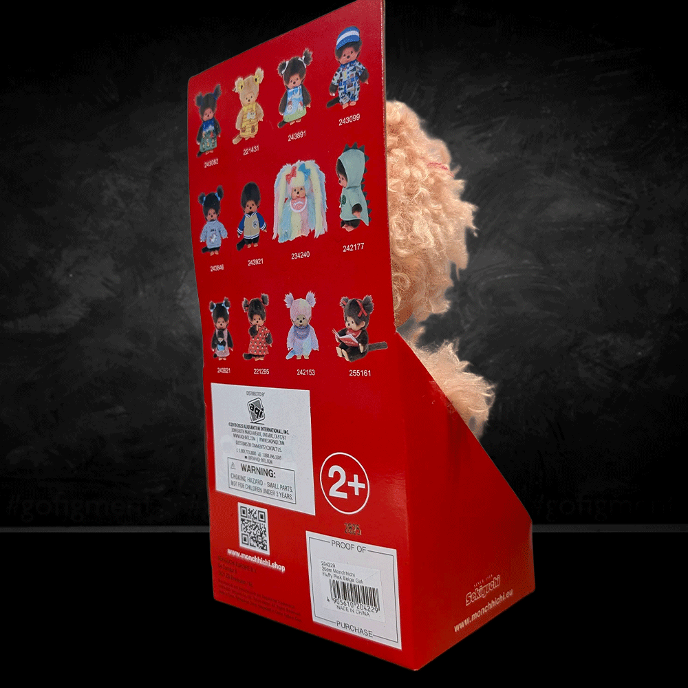 Sekiguchi Monchhichi Fluffy Pink Beige plush monkey displayed in red retail box from side view
