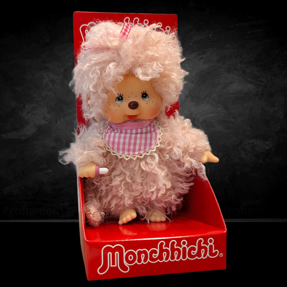 Sekiguchi Monchhichi 8-inch fluffy pink beige plush monkey doll with curly fur and checkered bib in branded red box