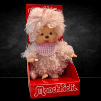 Sekiguchi Monchhichi 8-inch fluffy pink beige plush monkey doll with curly fur and checkered bib in branded red box
