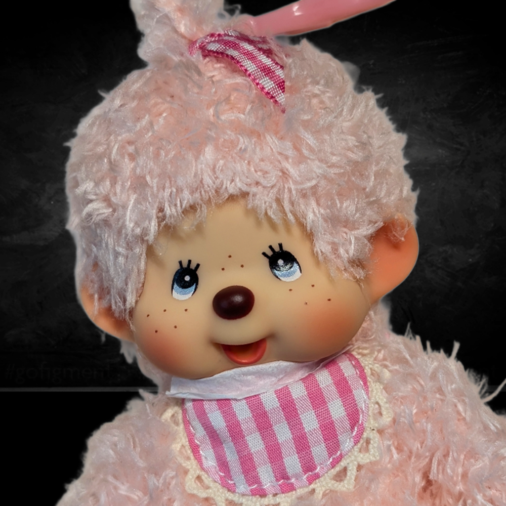 Official Sekiguchi 8-inch Monchhichi Fluffy Pink Girl doll and matching pink mascot plush bundle, often searched as a Monchichi set.