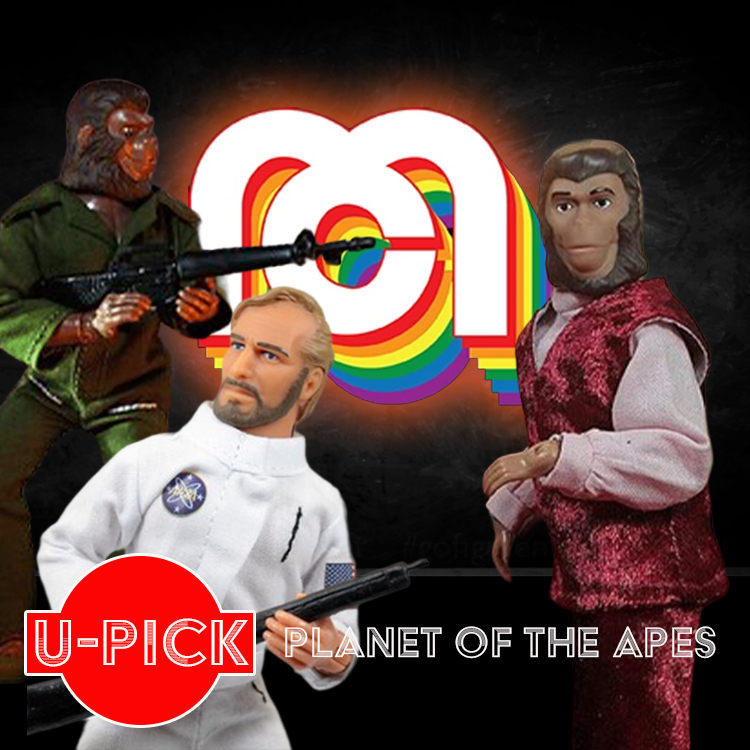 Three Mego 8-inch Planet of the Apes action figures posed with retro U-Pick logo in the background