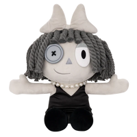 Glitch Ragatha Noir plush doll with gray yarn hair, button eye, pearl necklace, and black dress sitting upright