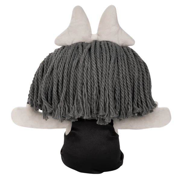 Glitch Ragatha Noir plush doll from behind with gray yarn hair, white ears, and black dress sitting upright