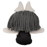 Glitch Ragatha Noir plush doll from behind with gray yarn hair, white ears, and black dress sitting upright