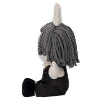 Glitch Ragatha plush doll from The Amazing Digital Circus with gray yarn hair, black dress, and pearl necklace sitting in profile