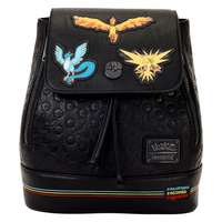 Articuno Moltres Zapdos Pokémon Legendary Birds Loungefly Mini-Backpack with embossed details and colorful patches