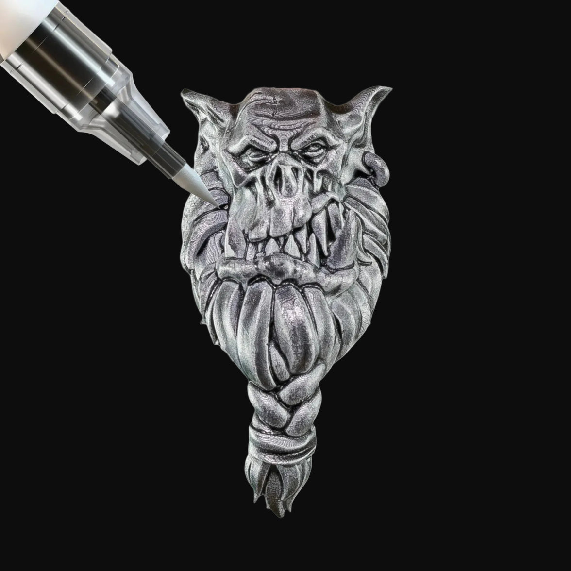 Polished Silver Army Painter Speedpaint Marker - One-Coat Metallic Miniature Paint SM1017P adding metallic highlights on fantasy miniature face by Army Painter