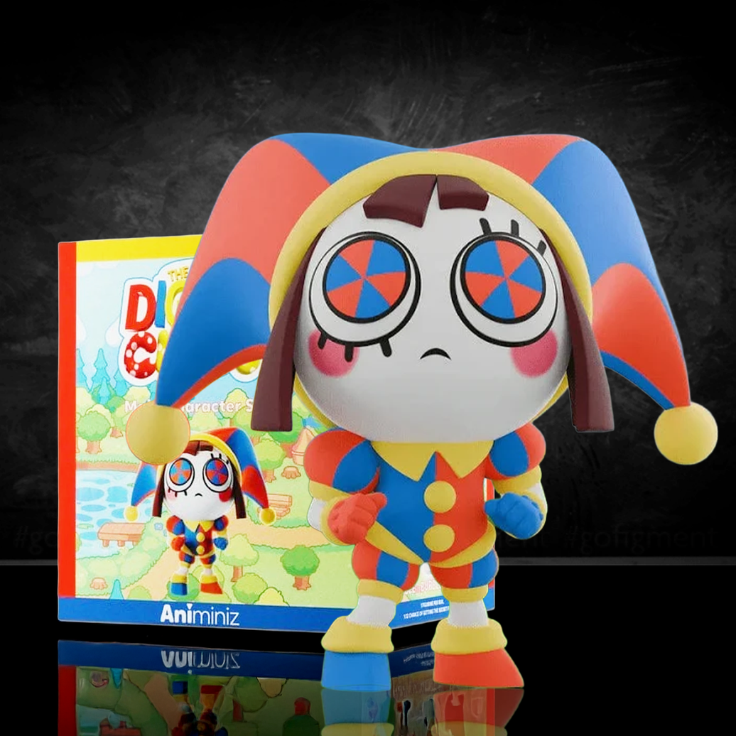 Pomni figure from Glitch’s The Amazing Digital Circus Animiniz series with colorful jester outfit and large blue and red eyes