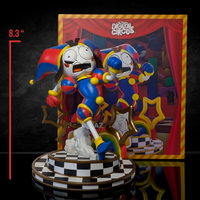 Colorful Digital Circus character figure in jester costume on checkered base with decorative stars and rainbow background panel.