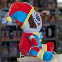Side view of Glitch Pomni plush toy in colorful jester outfit from The Amazing Digital Circus collection