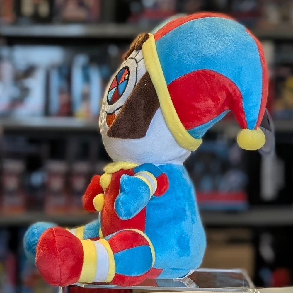 Side profile of Glitch Pomni plush toy wearing vibrant red and blue jester costume from The Amazing Digital Circus collection