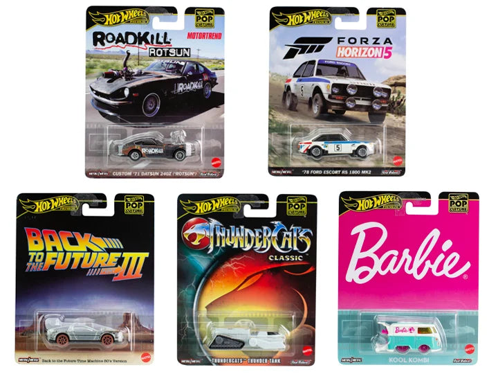 Hot Wheels "Pop Culture" Mystery Box 5 Premium Cars featuring iconic collectibles from Mattel franchises.