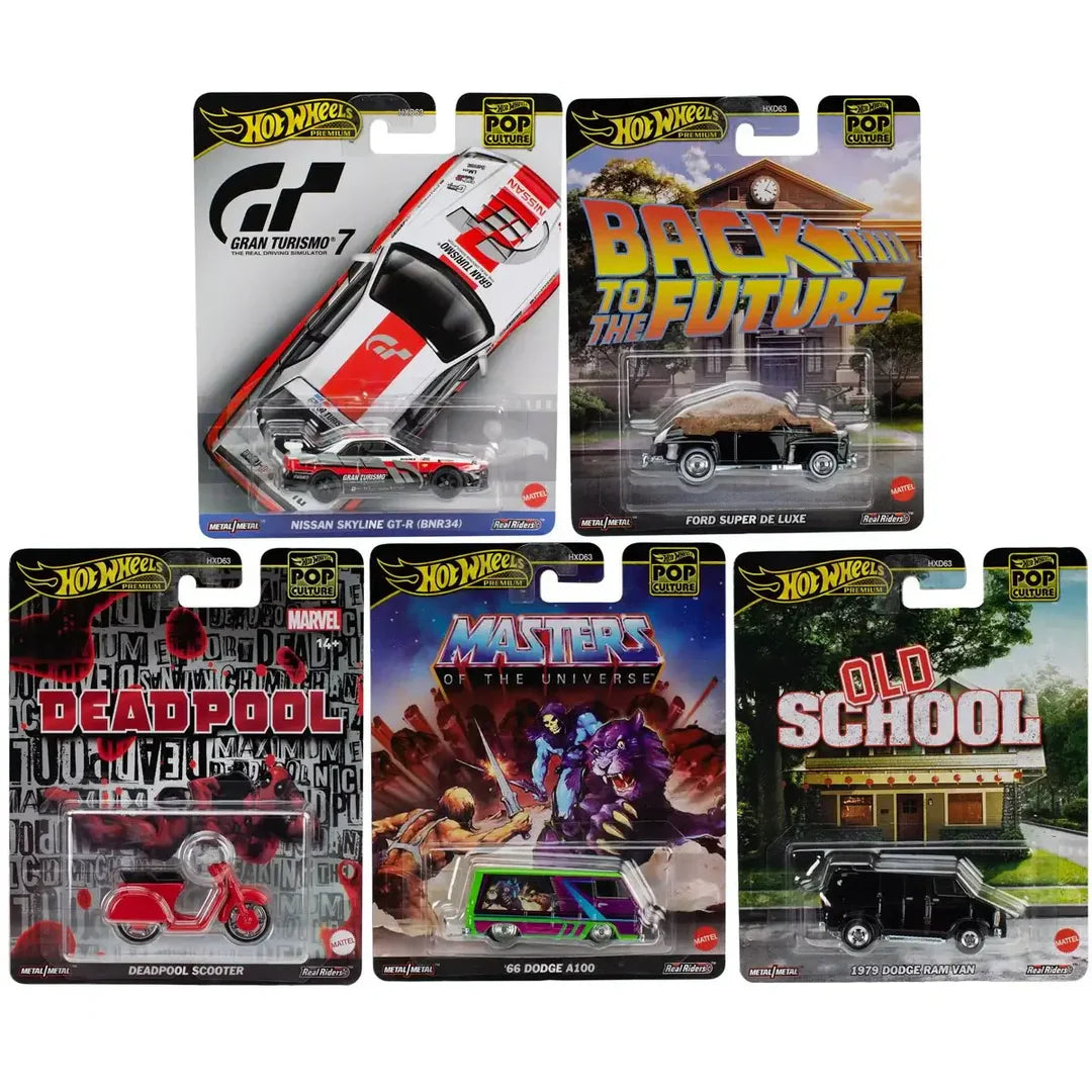Hot Wheels "Pop Culture" Mystery Box 5 Premium Cars by Mattel featuring licensed collectible cars from popular franchises.