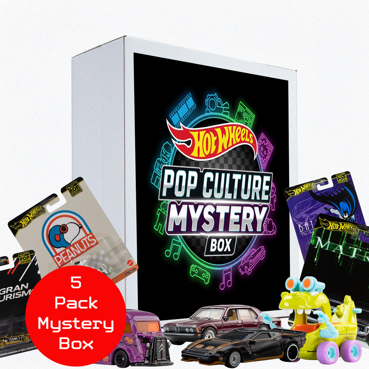 Hot Wheels "Pop Culture" Mystery Box 5 Premium Cars by Mattel with collectible themed toy cars and packaging