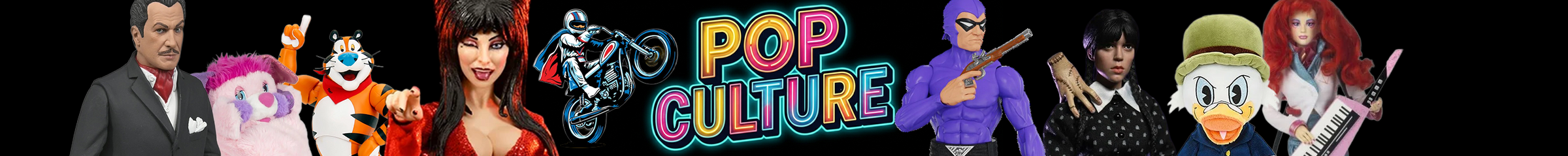Collage of iconic pop culture characters including superheroes, animated figures, and celebrities against a dark backdrop